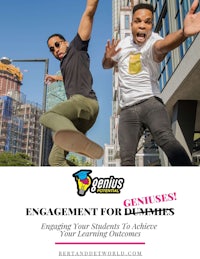 two men jumping in the air with the text engagement for b-schools